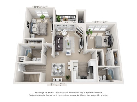 Floor plan for 2 beds, 2 baths, 1004 sqft